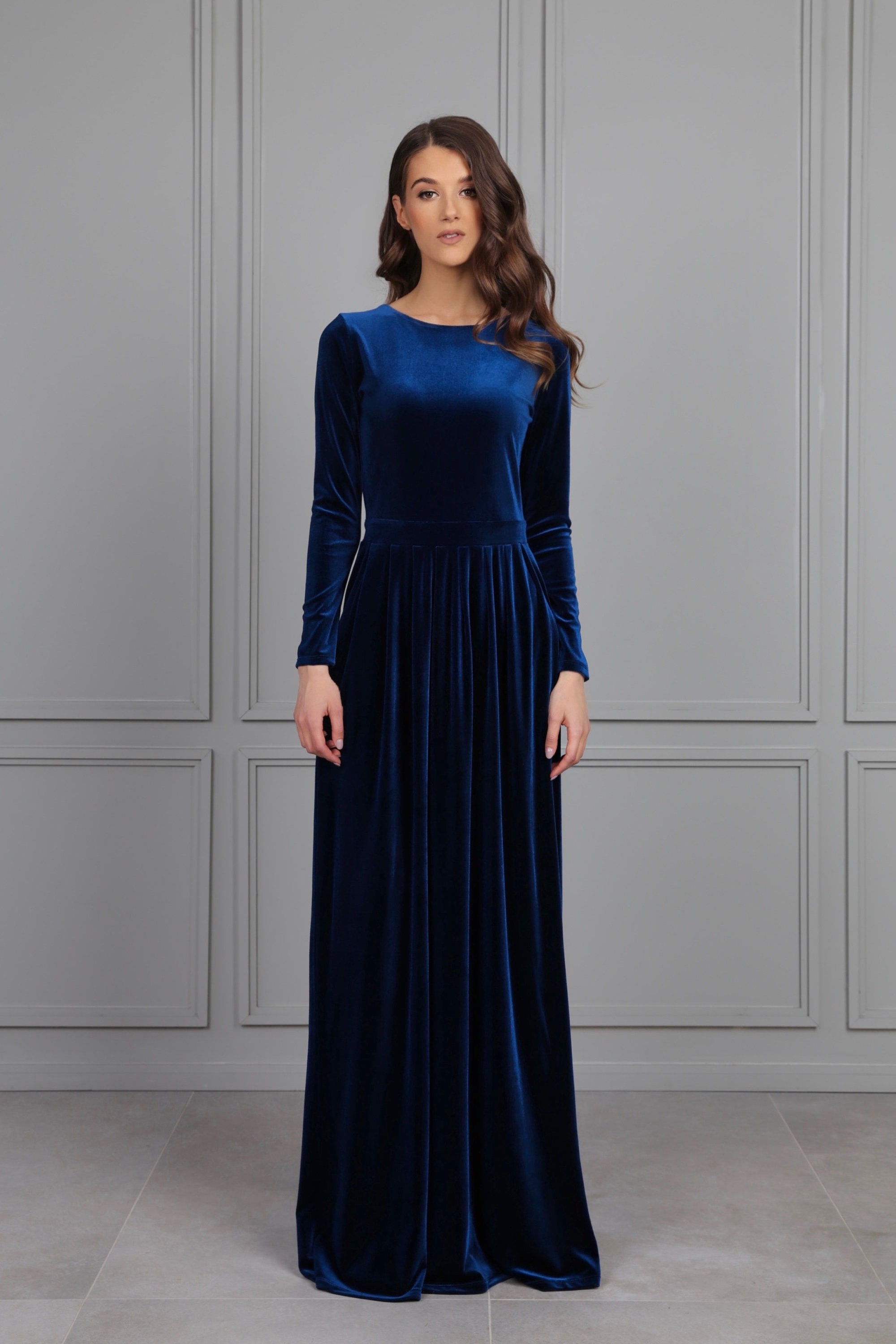 teal velvet bridesmaid dresses Ruffle V-Neck Velvet Bridesmaid Dresses with High Slit, Peacock