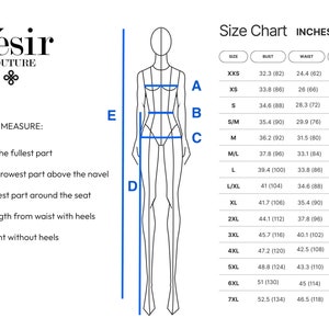 May include: Size chart for clothing in inches and centimetres. The chart shows bust, waist, and hip measurements for sizes XXS to 7XL.