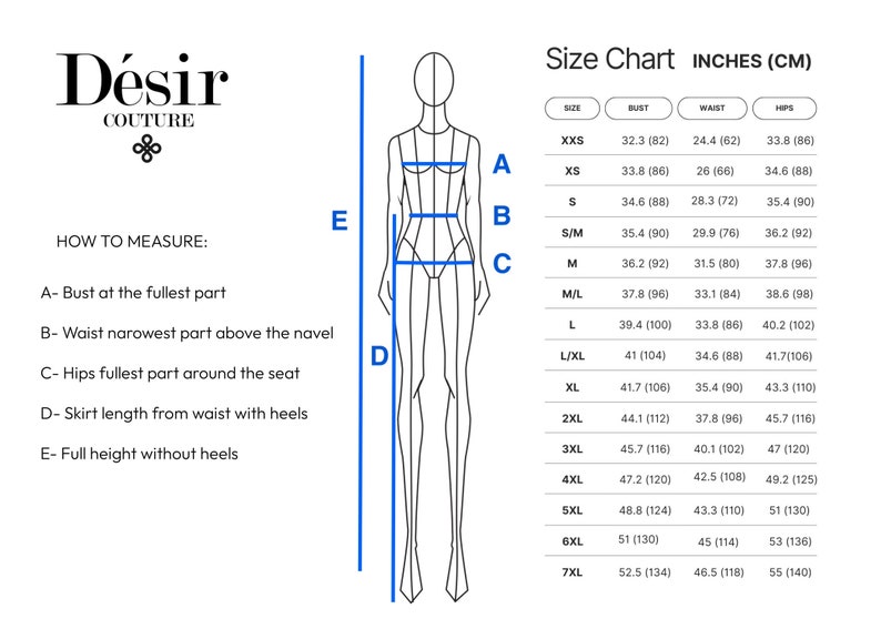 May include: Size chart for clothing in inches and centimetres. The chart shows bust, waist, and hip measurements for sizes XXS to 7XL.