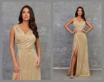 Bridesmaid Dress Gold, Sparkle Dress, Party Dress, Gold Dress, Prom Dress, Engagement Dress, Slit Dress, Wedding Guest Dress, Formal Dress