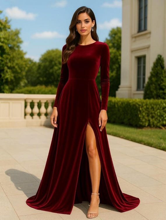 knee length dresses for ladies Burgundy Off Shoulder Maxi Dress Long Sleeve Bodycon Formal Gown