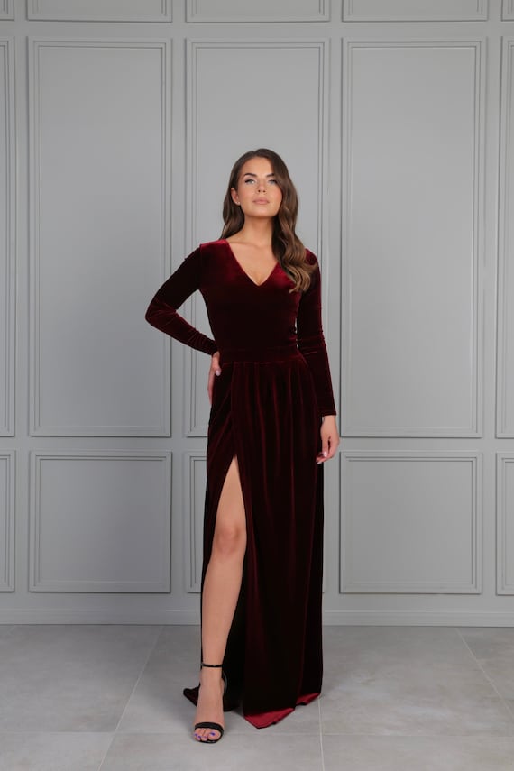 Dark Burgundy Bridesmaid Velvet Dress 