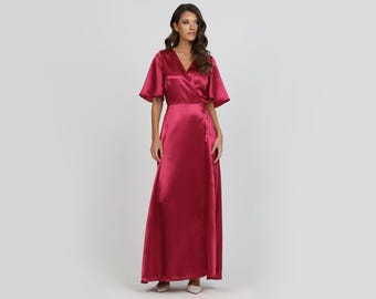 Satin Wrap Dress, Bridesmaid Satin Dress, Wrap Satin Dress, Wedding Guest Dress, Evening Gown, Long Satin Dress, Crepe Back Satin Dress
