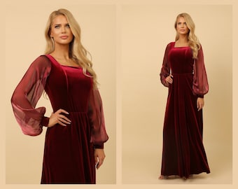 Dark Burgundy Bridesmaid Velvet Dress, Square Neck Dress, Velvet Long Dress, Wedding Guest Dress, Formal Dress, Evening Dress, Maxi Dress