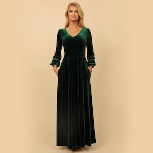 Dunkles smaragdgrünes Samtkleid, Brautjungfernkleid, Hochzeitsgastkleid, Kleid mit tiefem Rücken, Kleid mit V-Ausschnitt, Abendkleid, formelles Kleid