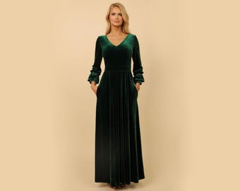 Emerald Velvet Maxi Dress, Bridesmaid Dress, Long Sleeve Low Back Evening  Gown - Etsy