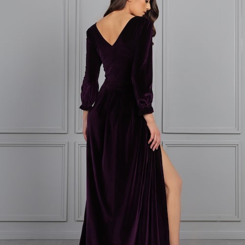 Plum Velvet Dress, Maxi Dress, Long Sleeve Dress, Velvet Long Dress, Gown Dress, Elegant Dress, Formal Dress, Wedding Guest Dress