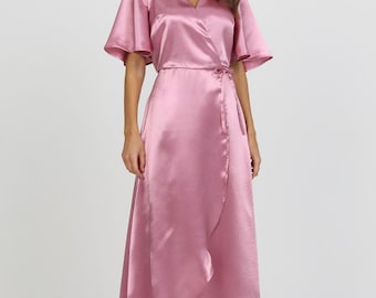 Satin Dress, Wrap Dress, Dusty Rose Dress, Bridesmaid Dress, Wedding Guest  Dress, Maxi Dress, Long Satin Dress, Crepe Back Satin Dress - Etsy