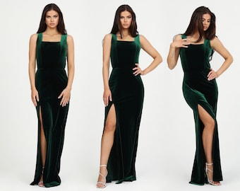 Dark Green Bridesmaid Dress, Velvet Dress, Square Neckline Dress, Sleeveless Dress, Wedding Guest Dress, Slit Dress, Gown