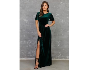 Emerald Velvet Maxi Dress, Bridesmaid Dress, Long Sleeve Low Back Evening  Gown - Etsy