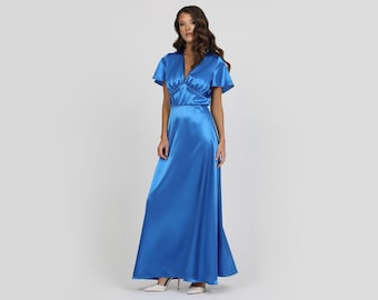 Blue Dress, Bridesmaid Dress Satin, Wedding Guest Dress, Satin Evening Dress, Long Satin Dress, Crepe Back Satin Dress