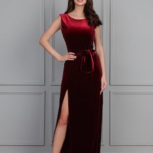 Dark Burgundy Bridesmaid Velvet Dress, Evening Dress, Low Back Dress, Maxi Dress, Sleeveless Dress, Gown Dress, Formal Dress, Slit dress