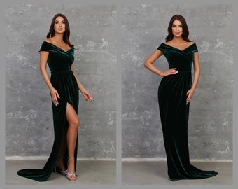 Dark Green Emerald Bridesmaid Velvet Dress High Quality Fabric Dress Open Shoulder Dress With Lower Slit
