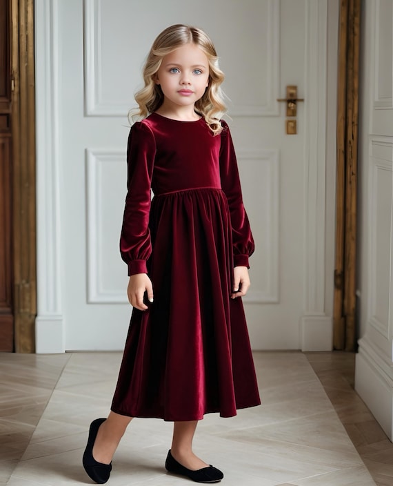 toddler burgundy velvet dress Flower Girl Dress, Baby Girl Velvet Dress, Velvet KissProm V-Neck Tiered A-Line Knee Length Dress Color:Red/Bright Fuchsia 3 cm measurement error