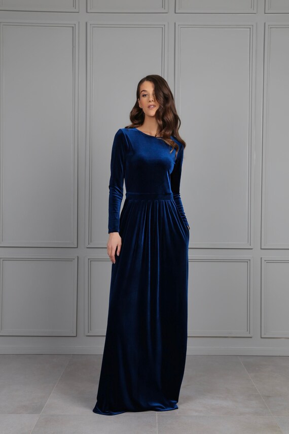 Teal Bridesmaid Velvet Dress High Quality Fabric Dress Gown Maxi Elegant Long Sleeves Dress Pockets