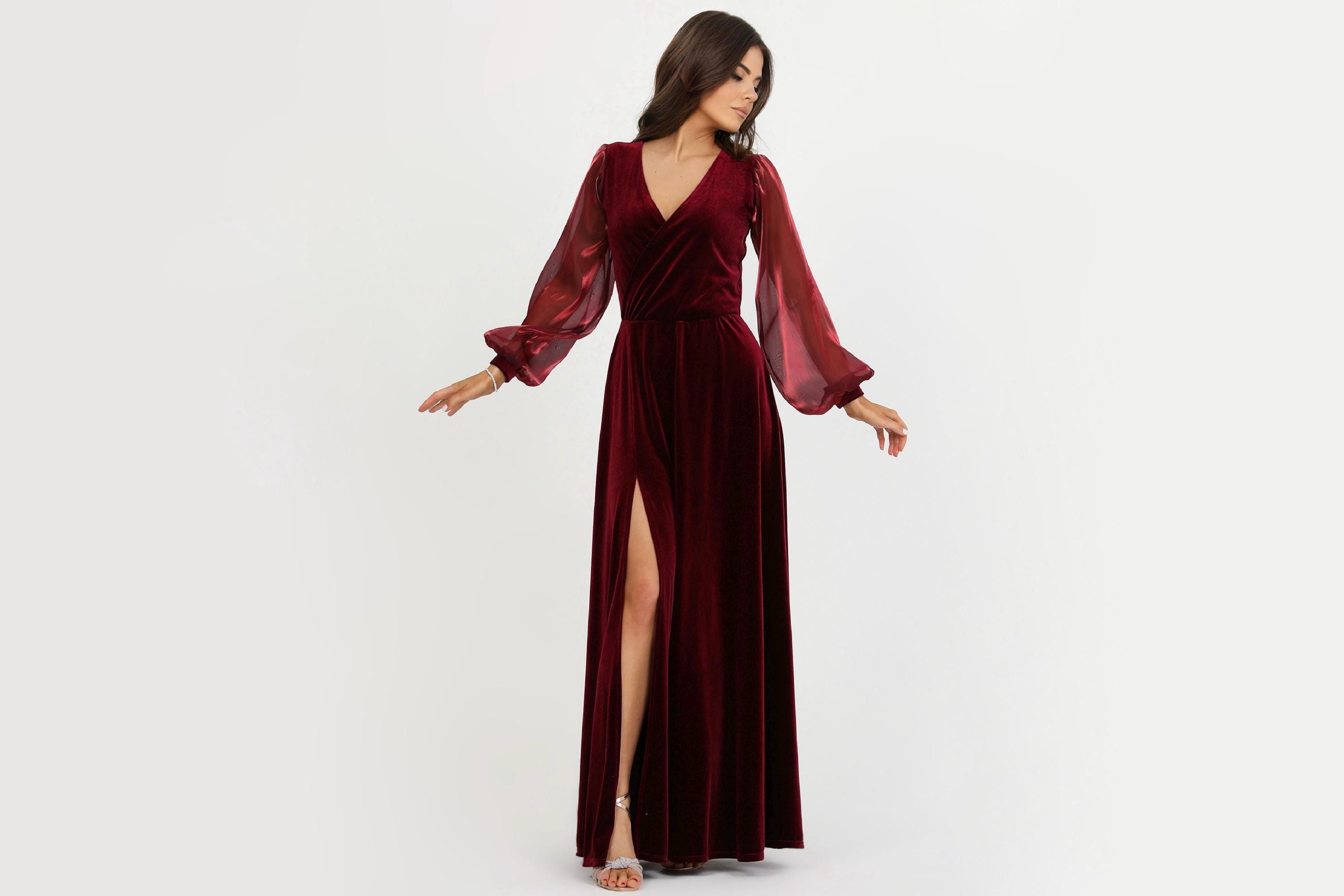 fitted lace wedding dress Designer Gown in Velvet Long Sleeve Maxi in Maroon Velvet main image 1