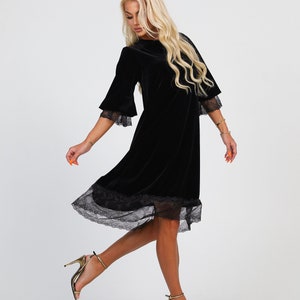 Black Velvet Short Dress With Lace, Cocktail Dress, Party Dress, Oversized Dress, Midi Velvet Dress, Tunic Dress