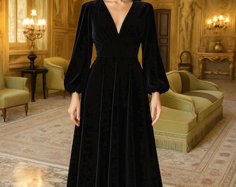 Zwart fluwelen jurk | Elegante avondjurk met lange mouwen | Formele fluwelen jurk met diepe V-hals | Winterbruidsmeisjesjurk