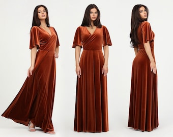 Rusty Orange Bridesmaid Dress, Velvet Dress, Velvet Long Dress, Wedding Guest Dress, Formal Dress, Evening Dress, Wedding Dress