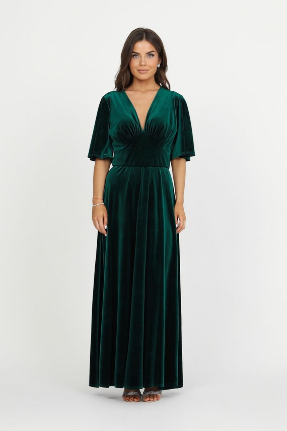 Dark Green Bridesmaid Velvet Dress, Evening Dress, Wedding Guest Dress, Velvet Long Dress, Reception Dress, Maxi Dress, Short Sleeve Dress Dark Green Bridesmaid Velvet Dress, Evening Dress, Wedding Guest Dress, Velvet Long Dress, Reception Dress, Maxi Dress, Short Sleeve Dress