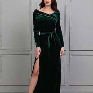 Dark Emerald Green Velvet Dress, Bridesmaid Dress, Evening Dress, Slit Dress, Wedding Guest Dress, Velvet Long Dress, Reception Dress