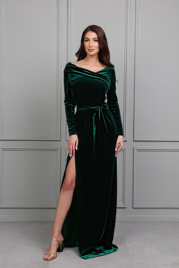 Dark Emerald Green Velvet Dress, Bridesmaid Dress, Evening Dress, Slit Dress,  Wedding Guest Dress, Velvet Long Dress, Reception Dress - Etsy New Zealand