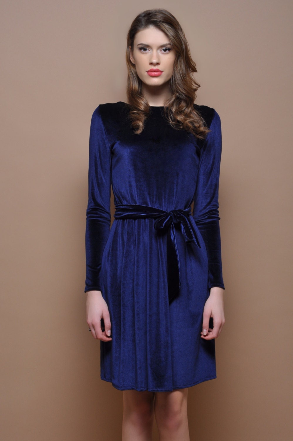 Long sleeve navy blue velvet gown with sequins