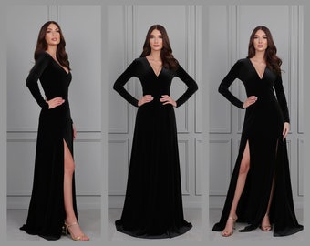 Black Bridesmaid Velvet Dress, Evening Dress, Slit Dress, Wedding Guest Dress, Velvet Long Dress, Reception Dress, Formal Dress