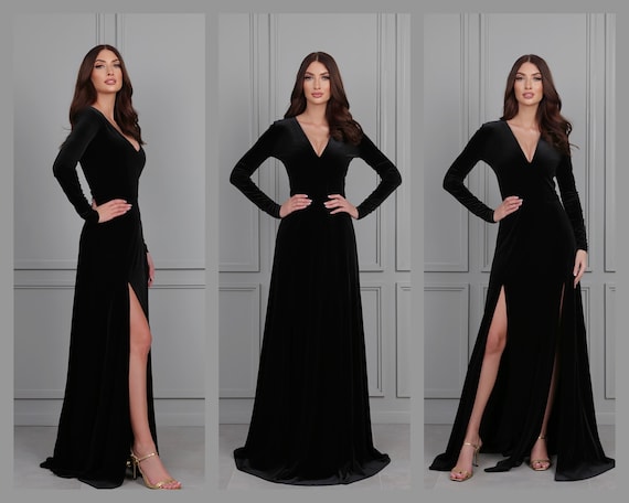 Ruched Waist High Slit Gown in Black - Retro, Indie and Unique Fashion