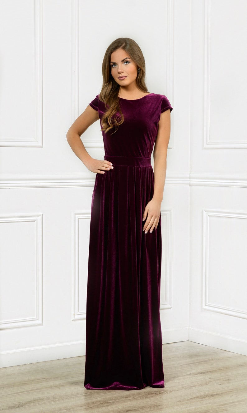 Dark Purple Velvet Maxi Bridesmaid Dress Round Neck Deep V Etsy