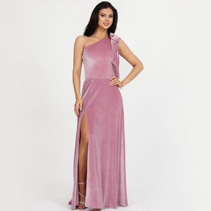 Pink Velvet Long Dress, Bridesmaid Dress, Evening Dress, Wedding Guest Dress, Slit Dress, One Shoulder Dress, Formal Dress