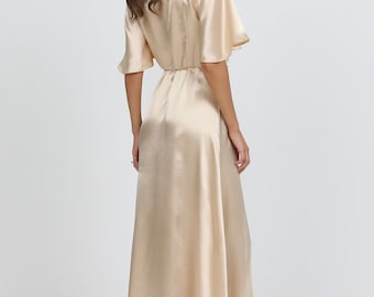 beige satin wrap dress Beige Elegant One-Shoulder Satin Wrap Dress trinarosh