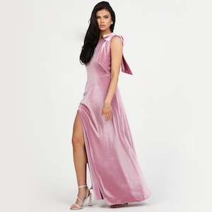 Pink Velvet Long Dress, Bridesmaid Dress, Evening Dress, Wedding Guest Dress, Slit Dress, One Shoulder Dress, Formal Dress