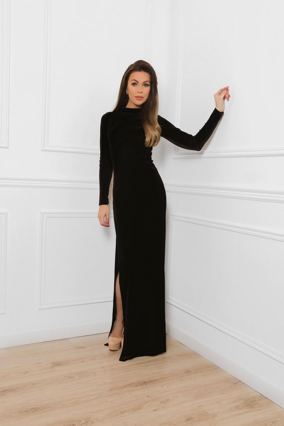black velvet slit dress