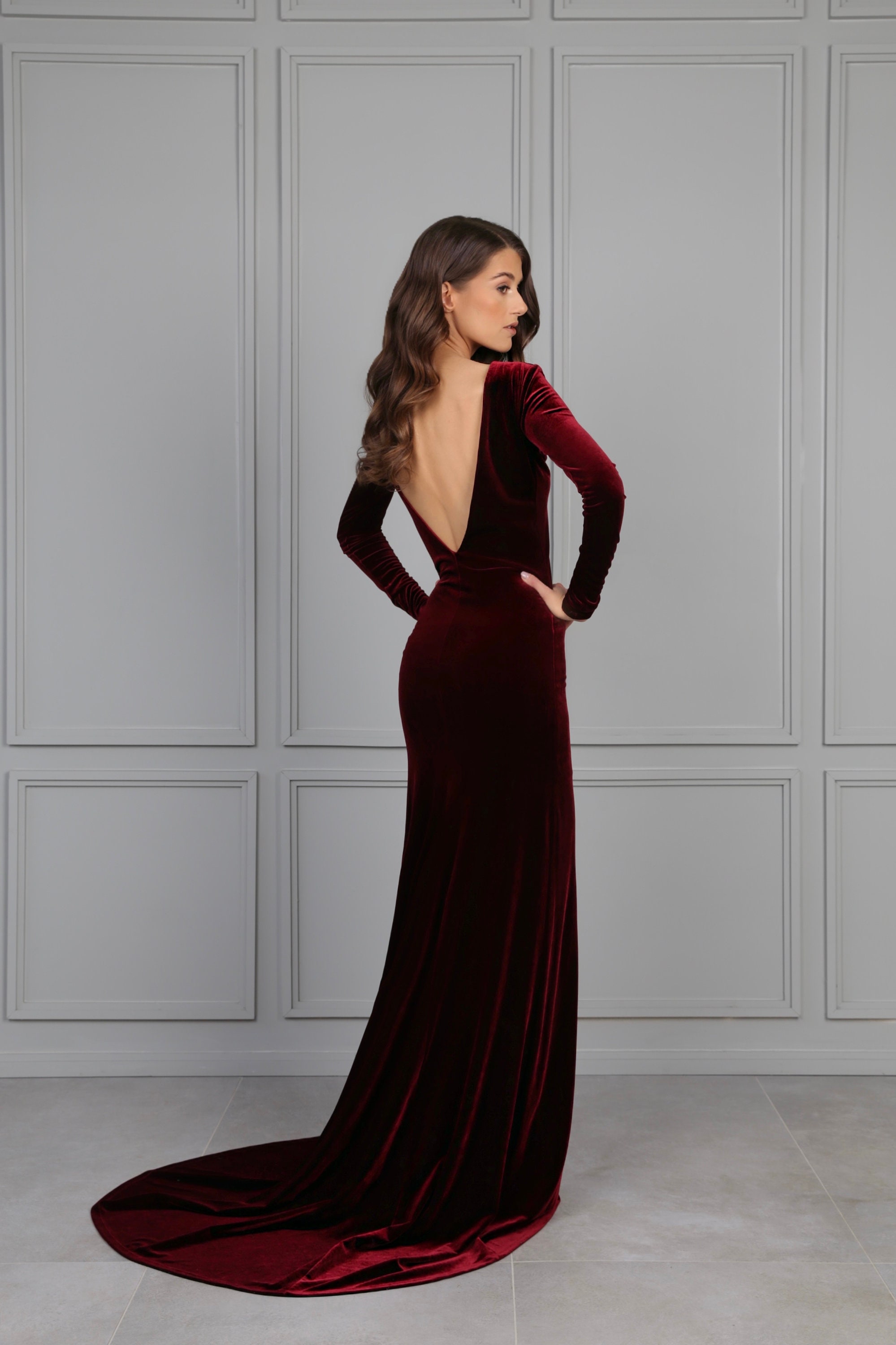 Dark Burgundy Bridesmaid Velvet Dress 