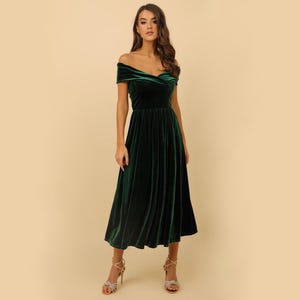Dark Emerald Green Velvet Dress, Midi Dress, Evening Dress, Wedding Guest Dress, Cocktail Dress Party Dress, Bridesmaid Dress, Elegant Dress