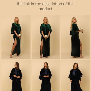 May include: Three models wear velvet capes in different colors. The first two models wear a green velvet cape with a slit up the side of the skirt. The third model wears a navy blue velvet cape with a bow at the neck. All three capes have a ruffled edge.