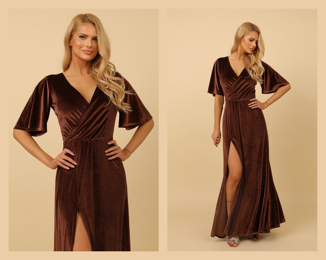 Brown Velvet Dress High Quality Fabric Dress Wrap V Neck Etsy