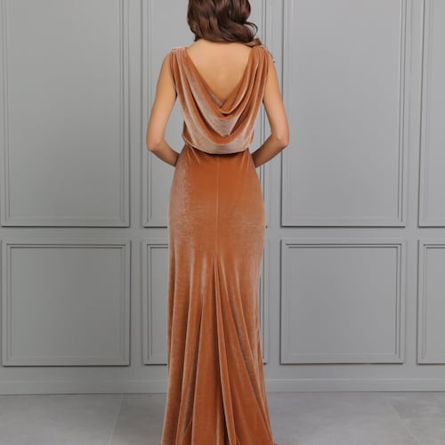 Bridesmaid Velvet Dress Camel High Quality Fabric Dress Mermaid Gown Luxury Dress Maxi Cowl Open Back Train