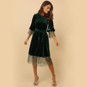 Dark Emerald Green Velvet Short Dress With Lace, Cocktail Dress, Party Dress, Oversized Dress, Midi Velvet Dress, Tunic Dress