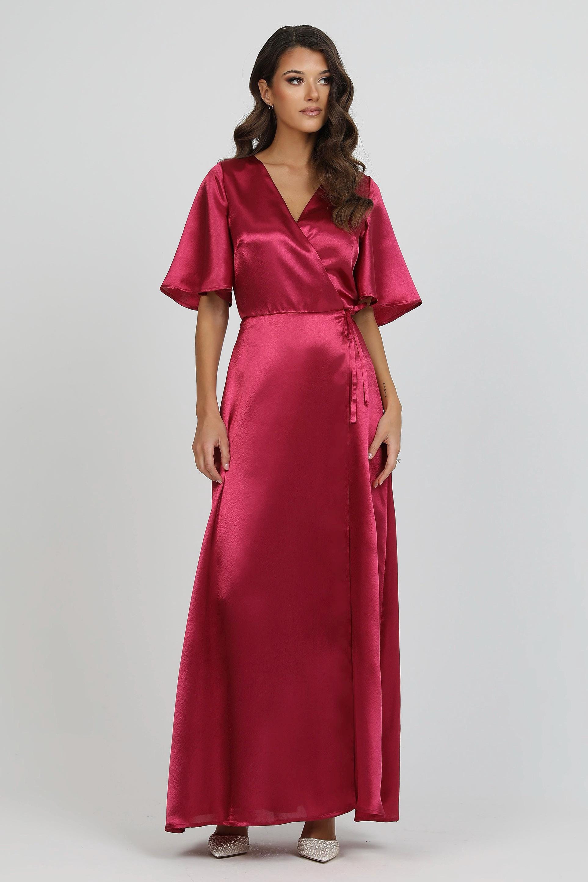 satin wrap dress bridesmaid Satin Wrap Dress, Bridesmaid Satin Dress, Wrap Satin Dress, Wedding Guest Dress, Evening Gown, Long Satin Dress, Crepe Back Satin Dress