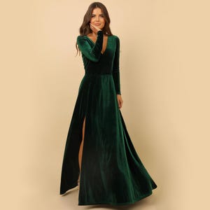 Dark Emerald Green Velvet Dress, Bridesmaid Dress, Evening Dress, Slit Dress, Wedding Guest Dress, Velvet Long Dress, Reception Dress