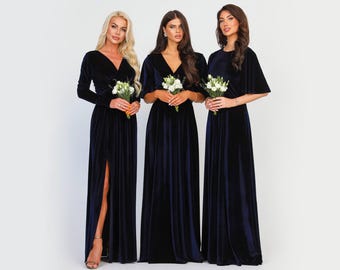 Navy Blue Velvet Maxi Dress, Elegant Formal Gown