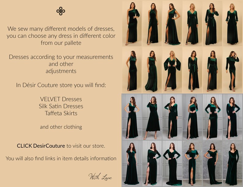 May include: A collection of 20 green velvet dresses with different necklines, sleeves, and styles. The dresses have a slit on the side and are shown on models against a beige background. The text "CLICK DesirCouture to visit our store." is at the bottom of the image.