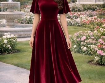 Burgundy Velvet Midi Dress for Wedding Guest, Short Sleeve Elegant Velvet Dress, Formal Evening Party Outfit