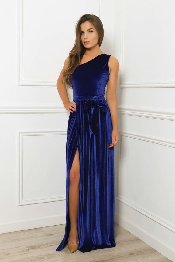 One Shoulder Velvet Royal Blue Maxi Elegant Dress Slit | Etsy