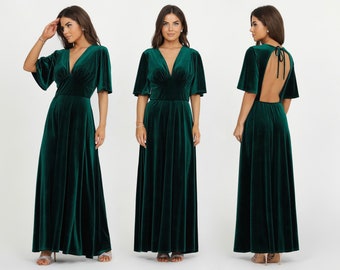 Dark Green Bridesmaid Velvet Dress, Evening Dress, Backless Dress, Wedding Guest Dress, Velvet Long Dress, Reception Dress