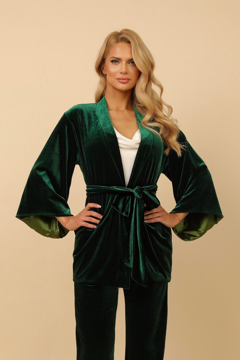Velvet Pantsuit Dark Green Contrast Satin Lining Flare Sleeves Etsy