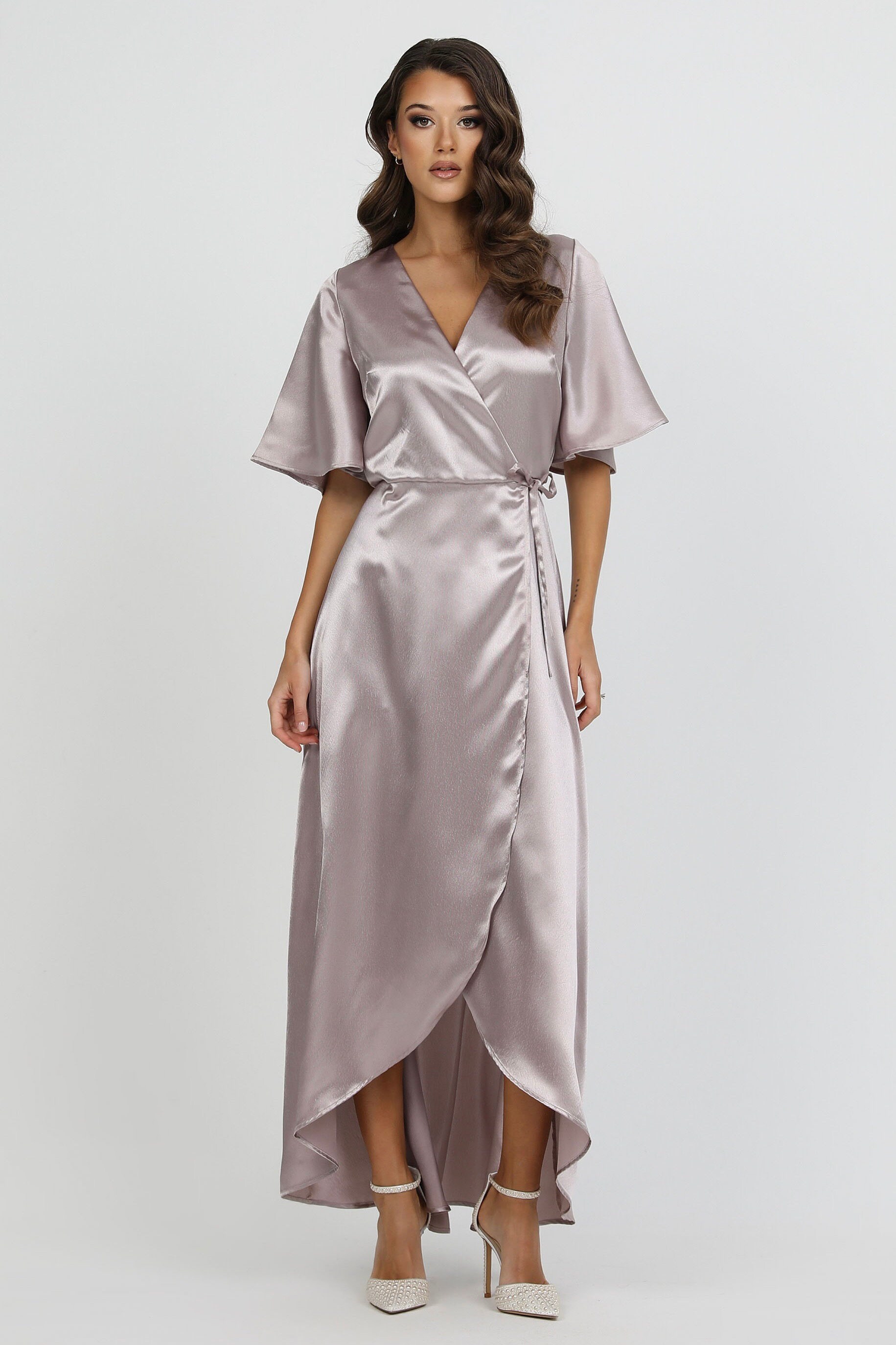 taupe satin dress AW.Bridal Mermaid Bateau Neckline Floor Length Short Sleeves Satin Backless Cowl Back Long Bridesmaid Dresses Dress Taupe Size 16