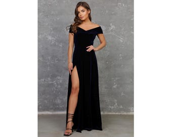Navy Blue Dress Velvet Dress, Bridesmaid Dress, Evening Dress, Slit Dress, Wedding Guest Dress, Velvet Long Dress, Reception Dress